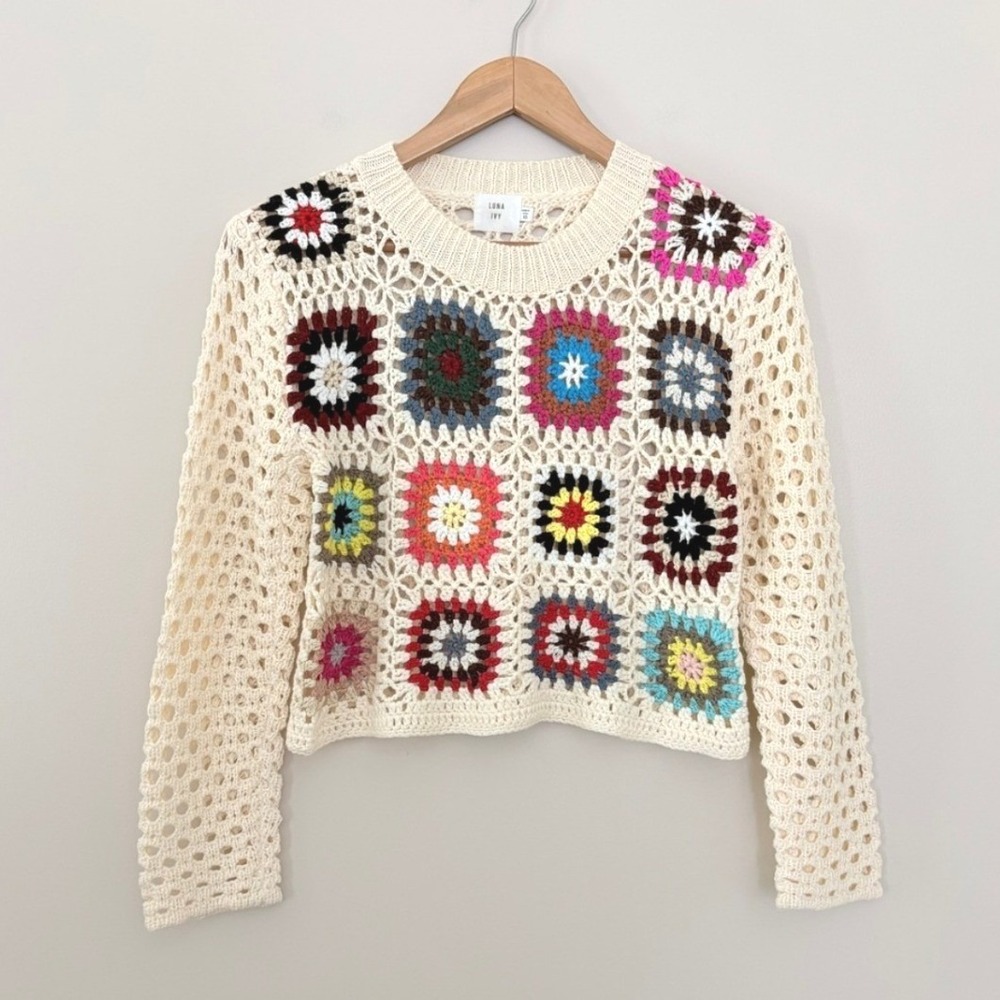 Luna Ivy Sweater Granny Square XS Cream Crochet Patchwork Boho Open Knit
